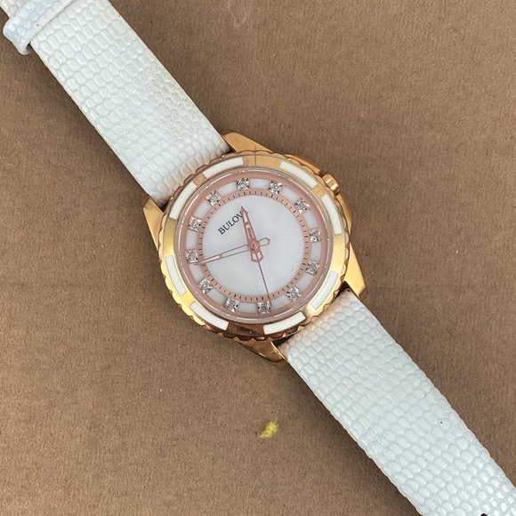 Bulova 2 Tone Rose Gold White Enamel Crystals White Leather Strap - Picture 3 of 7